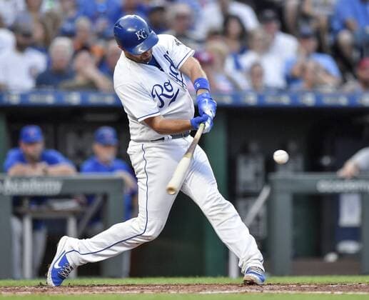 August 8, 2018 - Kansas City, MO, USA - The Kansas City Royals Drew Butera connects on a two-run double in the second inning against the Chicago Cubs on Wednesday, Aug. 8, 2018, at Kauffman Stadium in Kansas City, Mo. The Royals won, 9-0. Chicago Cubs at Kansas City - ZUMAm67_ 20180808_zaf_m67_034 Copyright: xJohnxSleezerx