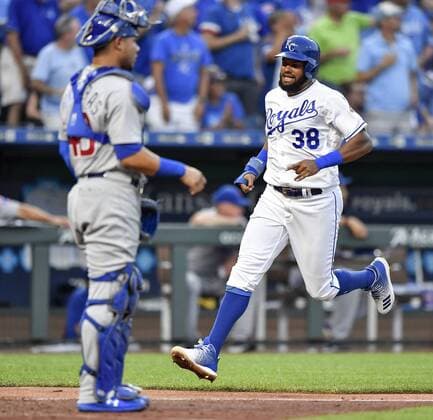 August 8, 2018 - Kansas City, MO, USA - The Kansas City Royals Jorge Bonifacio (38) scores in front of Chicago Cubs catcher Willson Contreras on a two-run double by Drew Butera in the second inning on Wednesday, Aug. 8, 2018, at Kauffman Stadium in Kansas City, Mo. The Royals won, 9-0. Chicago Cubs at Kansas City - ZUMAm67_ 20180808_zaf_m67_037 Copyright: xJohnxSleezerx