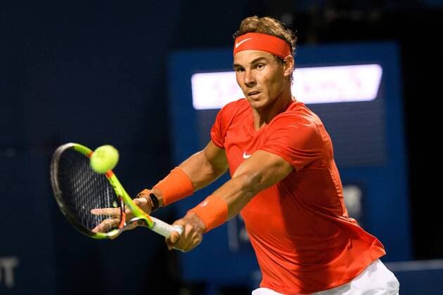 TORONTO, ON - AUGUST 08: Rafael Nadal (ESP) returns the ball during his second round match of the Rogers Cup tennis tournament on August 8, 2018, at Aviva Centre in Toronto, ON, Canada. (Photograph by Julian Avram Icon Sportswire) TENNIS: AUG 08 Rogers Cup Icon1808081100 EDITORIAL USE ONLY