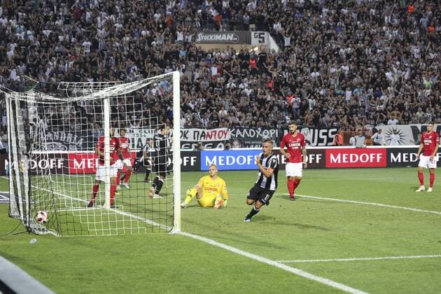 August 8, 2018 - Thessaloniki, Greece - Dimitris Pelkas seen scoring PAOK s third goal..PAOK vs Spartak Moscow for Champions League third qualifying round. PAOK defeated Spartak from Moscow in Toumba Stadium in Thessaloniki, Greece with score 3-2. PAOK vs Spartak in Toumba Stadium, Greece - 08 Aug 2018 - ZUMAs197 84906266st Copyright: xNicolasxEconomoux
