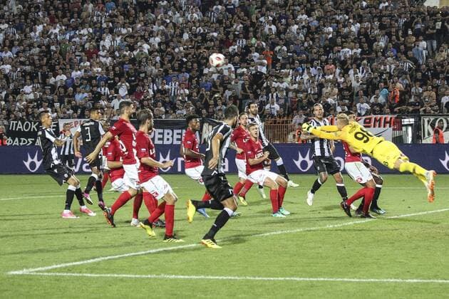August 8, 2018 - Thessaloniki, Greece - Spartak s goalkeeper Aleksander Maksimenko seen jumping and saving during an attack from PAOK..PAOK vs Spartak Moscow for Champions League third qualifying round. PAOK defeated Spartak from Moscow in Toumba Stadium in Thessaloniki, Greece with score 3-2. PAOK vs Spartak in Toumba Stadium, Greece - 08 Aug 2018 - ZUMAs197 84906275st Copyright: xNicolasxEconomoux