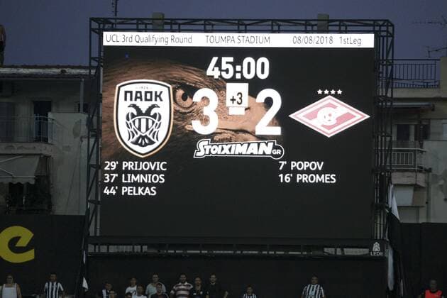 August 8, 2018 - Thessaloniki, Greece - The final score of the game on the screen..PAOK vs Spartak Moscow for Champions League third qualifying round. PAOK defeated Spartak from Moscow in Toumba Stadium in Thessaloniki, Greece with score 3-2. PAOK vs Spartak in Toumba Stadium, Greece - 08 Aug 2018 - ZUMAs197 84906276st Copyright: xNicolasxEconomoux
