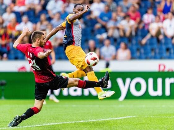 Mevlan Adili KF Shkendija Tetovo Reinhold Yabo FC Salzburg during the UEFA Champions League qualifier 3rd round 1st leg match between FC Salzburg and KF Shkendija Tetovo at the Red Bull Arena Salzburg Austria on 2018 08 08 Salzburg  EX_ADE
