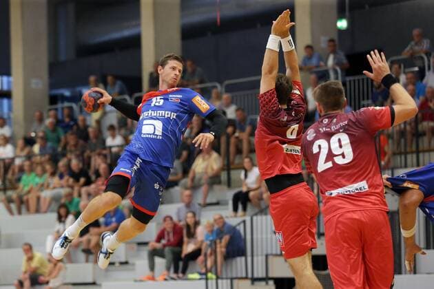 Martin Strobel HBW Balingen Dominik Schmid ALPLA HC Hard Lukas Scheighofer ALPLA HC Hard HBW Balingen vs ALPLA HC Hard Handball Friendlies 2018 2019 09 08 2018 HBW Balingen vs ALPLA HC Hard Handball Friendlies 2018 2019 09 08 2018 Balingen Copyright: xLangerx xEibner-Pressefotox EP_HLR