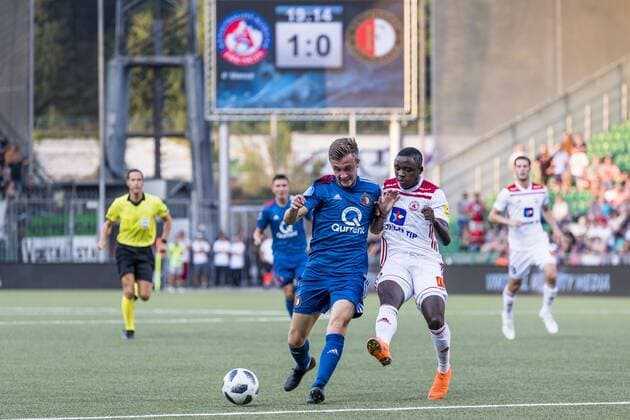 ZILINA, Slovakia, 09-08-2018, football, Europa League, season 2018 2019, Feyenoord player Dylan Vente (L), Trencin player Reuben Yem (R), during the match Trencin - Feyenoord Trencin - Feyenoord  x2386307x