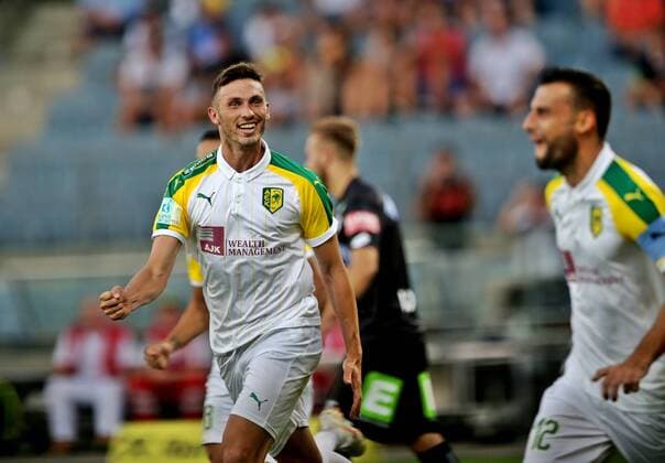 SOCCER - UEFA EL quali, Sturm vs Larnaca GRAZ,AUSTRIA,09.AUG.18 - SOCCER - UEFA Europa League qualification, SK Sturm Graz vs AEK Larnaca. Image shows the rejoicing of Larnaca. GEPAxpictures xHansxOberlaender
