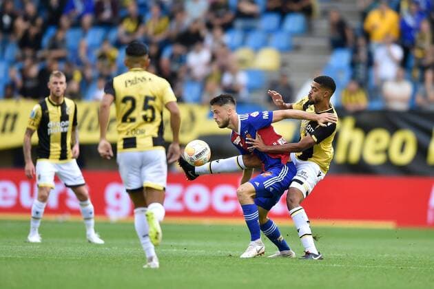 ARNHEM, 09-08-2018, season 2018 2019, GelreDome, Vitesse - Basel, qualification for Europa League, Vitesse player Jack Clarke-Salter with FC Basel player Ricky van Wolfswinkel during the match Vitesse - FC Basel Vitesse - Basel  x2386486x