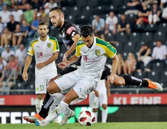 SOCCER - UEFA EL quali, Sturm vs Larnaca GRAZ,AUSTRIA,09.AUG.18 - SOCCER - UEFA Europa League qualification, SK Sturm Graz vs AEK Larnaca. Image shows Markus Pink (Sturm) and Jorge Larena (Larnaca). GEPAxpictures xM.xOberlaender
