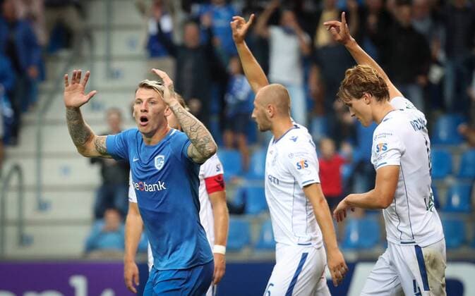 Genk s Sebastien Dewaest looks dejected during a soccer game between Belgian team KRC Genk and Polish club Lech Poznan, Thursday 09 August 2018 in Genk, the first leg of the third qualification round for the Europa League competition. VIRGINIExLEFOUR  x05402267x