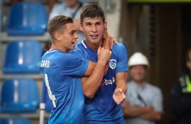 Genk s Leandro Trossard and Genk s Ruslan Malinovski celebrate after scoring during a soccer game between Belgian team KRC Genk and Polish club Lech Poznan, Thursday 09 August 2018 in Genk, the first leg of the third qualification round for the Europa League competition. VIRGINIExLEFOUR  x05402330x