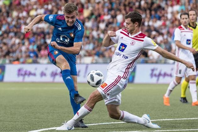 ZILINA, Slovakia, 09-08-2018, football, Europa League, season 2018 2019, shot on goal from Feyenoord player Dylan Vente, during the match Trencin - Feyenoord, Final score : 4-0 Trencin - Feyenoord  x2386617x