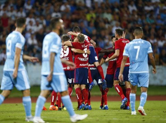 SOCCER - UEFA EL quali, Slovan vs Rapid BRATISLAVA,SLOVAKIA,09.AUG.18 - SOCCER - UEFA Europa League qualification, Slovan Bratislava vs SK Rapid Wien. Image shows the rejoicing of Rapid. Keywords: Wien Energie. GEPAxpictures xCh.xKelemen