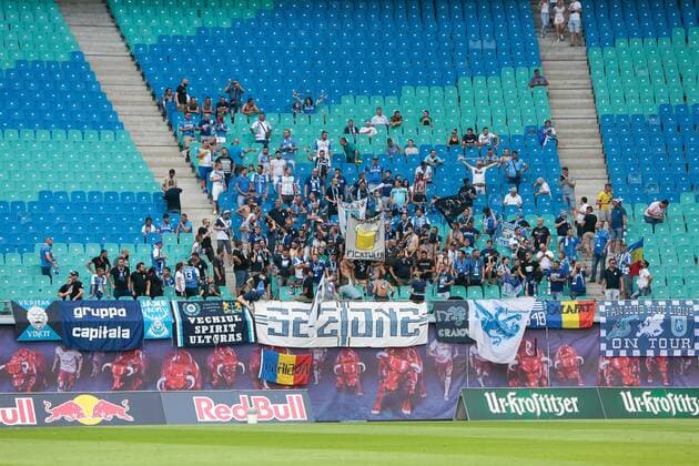 09 08 2018 xtgx Soccer Europa League 3 Qualifying Round RB Leipzig CS Universitatea Craiova emspor v l Guest Fans away supporters Craiova Leipzig