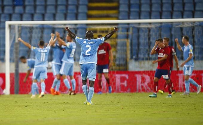 SOCCER - UEFA EL quali, Slovan vs Rapid BRATISLAVA,SLOVAKIA,09.AUG.18 - SOCCER - UEFA Europa League qualification, Slovan Bratislava vs SK Rapid Wien. Image shows the rejoicing of Mitch Apau (Slovan). Keywords: Wien Energie. GEPAxpictures xCh.xKelemen