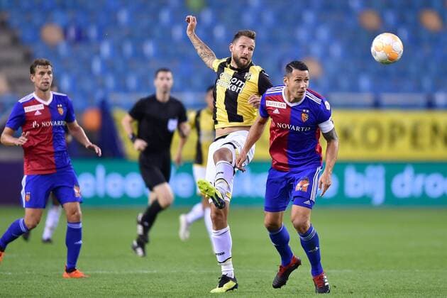 ARNHEM, 09-08-2018, season 2018 2019, GelreDome, Vitesse - Basel 0-1, qualification for Europa League, Vitesse player Tim Matavz and FC Basel player Marek Suchy during the match Vitesse - FC Basel Vitesse - Basel  x2386737x