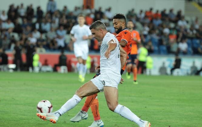 Gael Clichy of Basaksehir and Jonathan Walters 19 of Burnley during the UEFA Europa League Qualifying match between Basaksehir and Burnley at Basaksehir Fatih Terim Stadium in Istanbul , Turkey on August 09, 2018. 