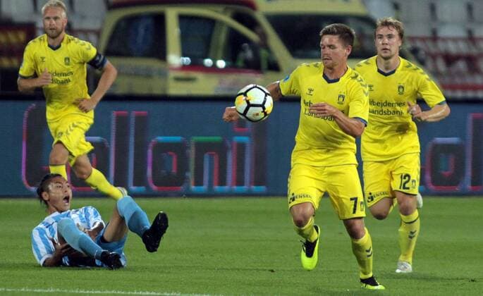 09.08.2018 Belgrade(Serbia) FK Spartak Subotica-Brondby IF Europa League 3rd leg qualifiiers men s football Dominik Kaiser(c)Brondby IF passing by Noboru Shimura (L) FK Spartak Subotica : 