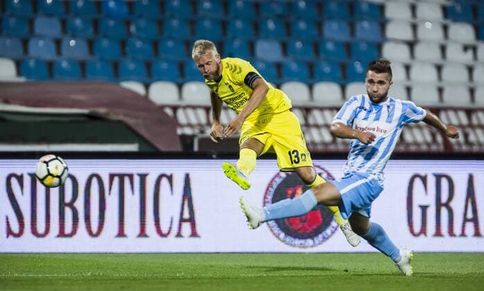 9th August 2018, Red Star Stadium, Belgrade, Serbia; Europa League football third qualifying round, 1st leg, Spartak Subotica versus Brondby; Johan Larsson of Brondby crosses into the area under pressure  ActionPlus12054193 NikolaxKrstic
