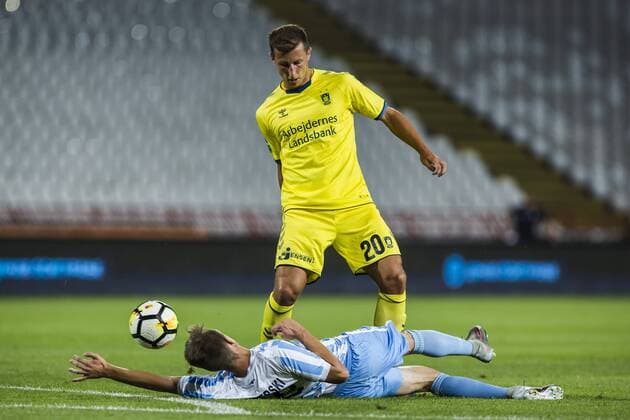 9th August 2018, Red Star Stadium, Belgrade, Serbia; Europa League football third qualifying round, 1st leg, Spartak Subotica versus Brondby; David Dundjerski of Spartak Subotica slides in to tackle Kamil Wilczek of Brondby  ActionPlus12054195 NikolaxKrstic