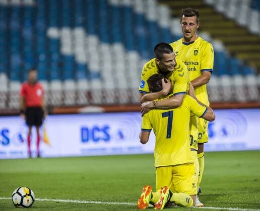 9th August 2018, Red Star Stadium, Belgrade, Serbia; Europa League football third qualifying round, 1st leg, Spartak Subotica versus Brondby; Dominik Kaiser of Brondby celebrates scoring his goal for 1-0 in the 29th minute with Ante Erceg and Kamil Wilczek of Brondby  ActionPlus12054201 NikolaxKrstic