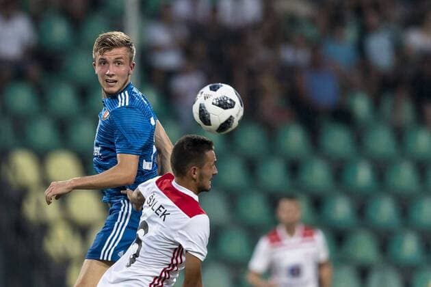 ZILINA, Slovakia, 09-08-2018, football, Europa League, season 2018 2019, Feyenoord player Dylan Vente (L), Trencin player Martin Sulek (R), during the match Trencin - Feyenoord, Final score : 4-0 Trencin - Feyenoord  x2386907x