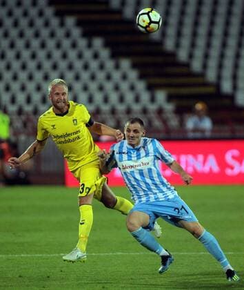09.08.2018 Belgrade(Serbia) FK Spartak Subotica-Brondby IF Europa League 3rd leg qualifiiers men s football Johan Larsson(L) Brondby IF, Andrija Vukcevic (r) Spartak Subotica : 
