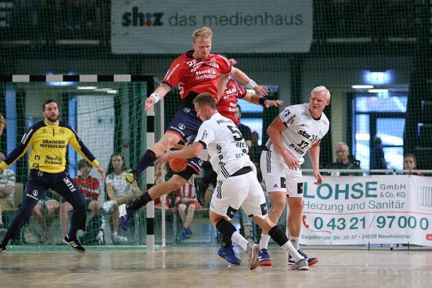 SG Flensburg Handewitt vs THW Kiel Handball Test match 09 08 18 Nikola Bilyk THW Kiel 53 against Anders Zachariassen SG Flensburg Handewitt 22 and Simon Hald SG Flensburg Handewitt 05 xmmkx