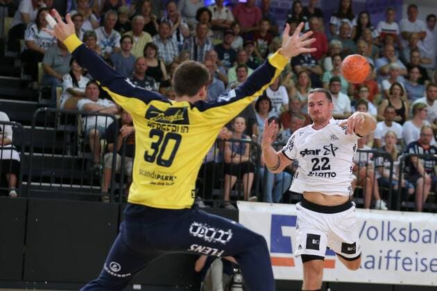 SG Flensburg Handewitt vs THW Kiel Handball Test match 09 08 18 Ole Rahmel THW Kiel 22 against Toerbjoern Bergerud SG Flensburg Handewitt 30 xmmkx