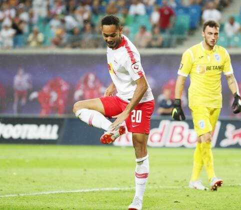 RB Leipzig Craiova Soccer Euro League Qualifiers Leipzig 09 08 2018 Red Bull Arena Soccer UEFA Euro League Qualification 3 Round First leg RB Leipzig vs CF Universitatea Craiova Bild zum RB Leipzig YMatheus Cunha 20 RB Leipzig scores for the 2 0 and cheers