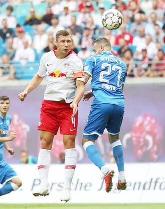 RB Leipzig Craiova Soccer Euro League Qualifiers Leipzig 09 08 2018 Red Bull Arena Soccer UEFA Euro League Qualification 3 Round First leg RB Leipzig vs CS Universitatea Craiova Pictured left Willi Orban 4 RB Leipzig and Ivan Martic 27 Craiova