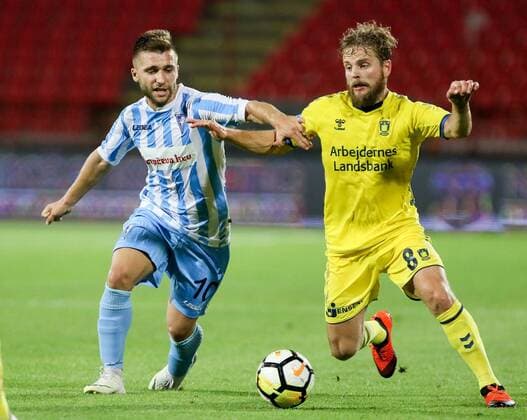 (180810) -- BELGRADE , Aug. 10, 2018 -- Spartak s Stefan Milosevic (L) vies with Brondby s Kasper Fisker during UEFA Europa League third qualifying round football match between Spartak Subotica and Brondby in Belgrade, Serbia on Aug. 9. 2018. Brondby won 2-0. ) (SP)SERBIA-BELGRADE-FOOTBALL-UEFA-EUROPA LEAGUE-QUALIFICATIONS PredragxMilosavljevic 