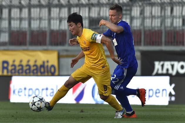 L-R Bauyrzhan Islamkhan (Kairat) and Lukas Kalvach (Sigma) in action during a match of 3rd qualifying round of UEFA Europa League between SK Sigma Olomouc and FC Kairat, 1st leg, in Olomouc, Czech Republic, on August 9, 2018. (CTKxPhoto JaroslavxOzana) CTKPhotoP201808090944301  JAO 05