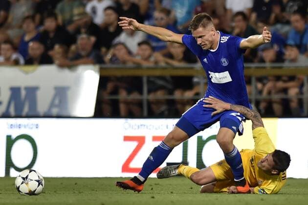 L-R Lukas Kalvach (Sigma) and Ivo Ilicevic (Kairat) in action during a match of 3rd qualifying round of UEFA Europa League between SK Sigma Olomouc and FC Kairat, 1st leg, in Olomouc, Czech Republic, on August 9, 2018. (CTKxPhoto JaroslavxOzana) CTKPhotoP201808091000901  JAO 08