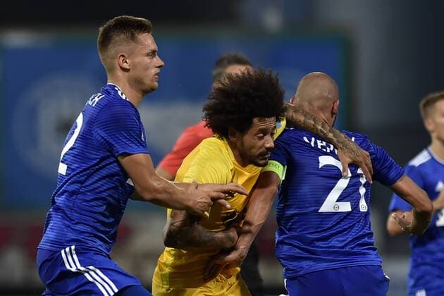 L-R Lukas Kalvach (Sigma), Isael da Silva Barbosa (Kairat) and Michal Veprek (Sigma) in action during a match of 3rd qualifying round of UEFA Europa League between SK Sigma Olomouc and FC Kairat, 1st leg, in Olomouc, Czech Republic, on August 9, 2018. (CTKxPhoto JaroslavxOzana) CTKPhotoP201808091014601  JAO 13