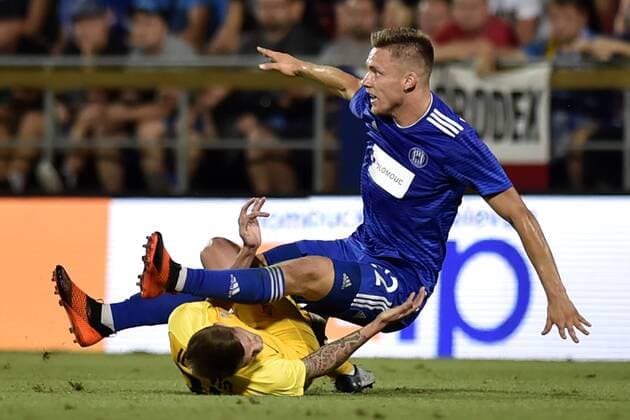 L-R Ivo Ilicevic (Kairat) and Lukas Kalvach (Sigma) in action during a match of 3rd qualifying round of UEFA Europa League between SK Sigma Olomouc and FC Kairat, 1st leg, in Olomouc, Czech Republic, on August 9, 2018. (CTKxPhoto JaroslavxOzana) CTKPhotoP201808091048301  JAO 19