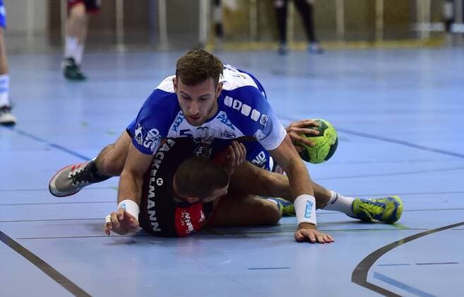 10 08 2018 Handball 1 Bundesliga DKB HBL Season 2018 2019 Friendly Match HC Erlangen HCE TV Großwallstadt OGo Marcel Engels 5 TV Großwallstadt Florian von Gruchalla 36 HC Erlangen HCE