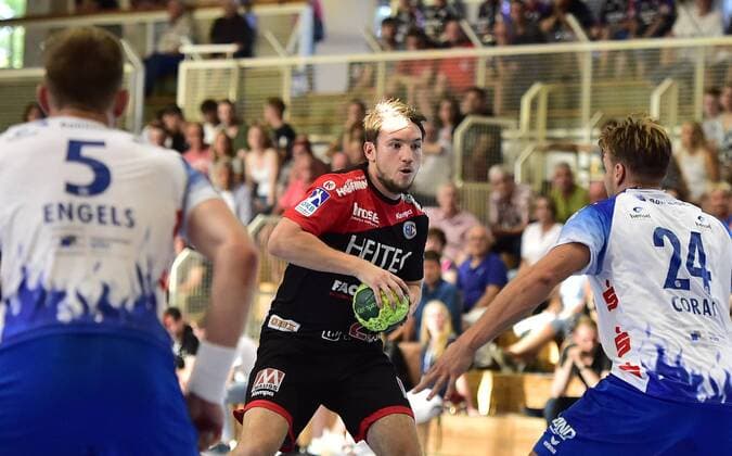 10 08 2018 Handball 1 Bundesliga DKB HBL Season 2018 2019 Friendly Match HC Erlangen HCE TV Großwallstadt OGo Marcel Engels 5 TV Großwallstadt Dominik Mappes 22 HC Erlangen HCE Dino Corak 24 TV Großwallstadt