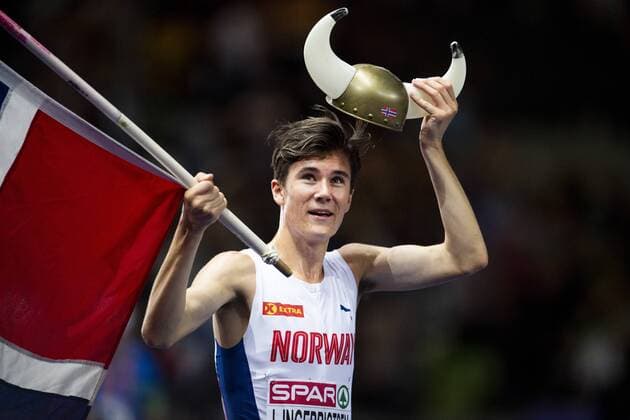 180810 Jakob Ingebrigtsen or Norway celebrates after the 1500 meter final during the European Athletics Championships on August 10, 2018 in Berlin Photo Vegard Wivestad Gray BILDBYR N Code VG 170201  Copyright: VEGARDxWIVESTADxGR¯TT BB180810BB742