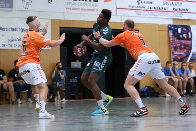 Füchse Berlin vs SC IFK Kristianstad Handball Internationaler Heide Cup 2018 10 08 18 Wael Jallouz Nr 42 Fuechse Berlin v Philip Henningsson Nr 06 IFK Kristianstad and Arnar Freyr Arnarsson Nr IFK Kristianstad xmmkx