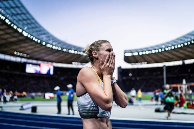 Berlin Germany 10 08 2018 European champion Carolin Schäfer Schaefer Germany in the 800m run in the womens heptathlon at the European Athletics Championships 2018 in the Olympic Stadium