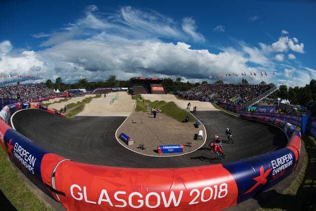 180810 General view of athletes competing in the qualifications of BMX cycling during the European Championships on August 10, 2018 in Glasgow Photo Joel Marklund BILDBYR N Code JM 87773  Copyright: JOELxMARKLUND BB180810JM038