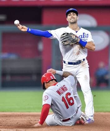 August 10, 2018 - Kansas City, MO, USA - Kansas City Royals second baseman Whit Merrifield forces out the St. Louis Cardinals Kolten Wong (16) at second but couldn t complete the double play on Yairo Munoz in the third inning on Friday, Aug. 10, 2018, at Kauffman Stadium in Kansas City, Mo. St. Louis at Kansas City - ZUMAm67_ 20180810_zaf_m67_023 Copyright: xJohnxSleezerx