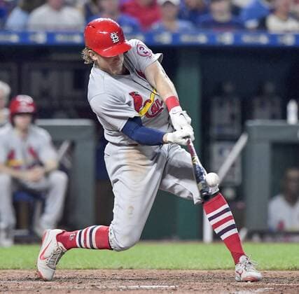August 10, 2018 - Kansas City, MO, USA - The St. Louis Cardinals Harrison Bader connects on a solo home run in the sixth inning off Kansas City Royals relief pitcher Glenn Sparkman on Friday, Aug. 10, 2018, at Kauffman Stadium in Kansas City, Mo. St. Louis at Kansas City - ZUMAm67_ 20180810_zaf_m67_029 Copyright: xJohnxSleezerx