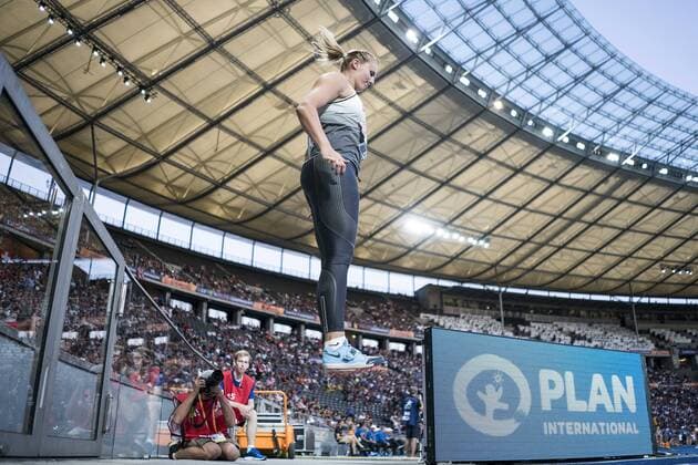 Feature winner Christin HUSSONG Germany 1 place jumping up Womens final javelin throw on 10 08 2018 European Athletics Championships 2018 in Berlin Germany on 06 08 12 08 2018