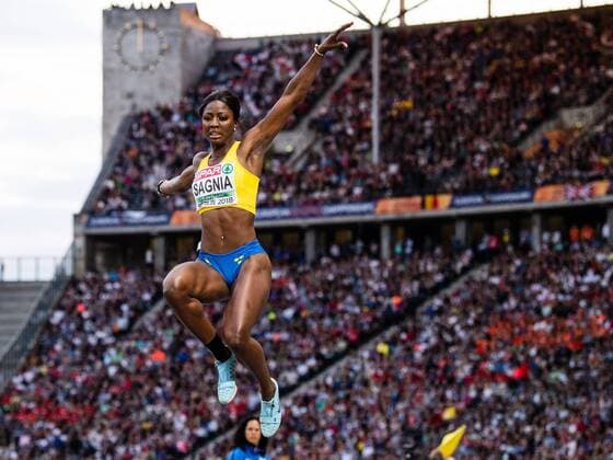 180811 Khaddi Sagnia of Sweden competes in the womens long jump final during the European Athletics Championships on August 11 2018 in Berlin Photo Vegard Wivestad Grott BILDBYRAN Code VG 170204  Copyright: VEGARDxWIVESTADxGRoTT BB180811ZE008