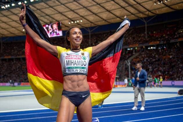 European Athletics Championships Berlin 11 08 2018 BERLIN GERMANY AUGUST 11 Malaika Mihambo GER wins the gold medal in the womens long jump competition at Day 5 during the Ceremonies of the European Athletics Championships at the Olympia Stadium on 11 Aug 2018 in Berlin Germany xOKrx