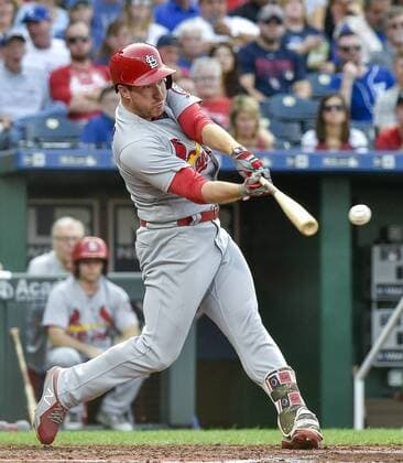 August 11, 2018 - Kansas City, MO, USA - The St. Louis Cardinals Jedd Gyorko connects on an RBI single to score Paul DeJong in the third inning against the Kansas City Royals on Saturday, Aug. 11, 2018, at Kauffman Stadium in Kansas City, Mo. St. Louis at Kansas City - ZUMAm67_ 20180811_zaf_m67_020 Copyright: xJohnxSleezerx