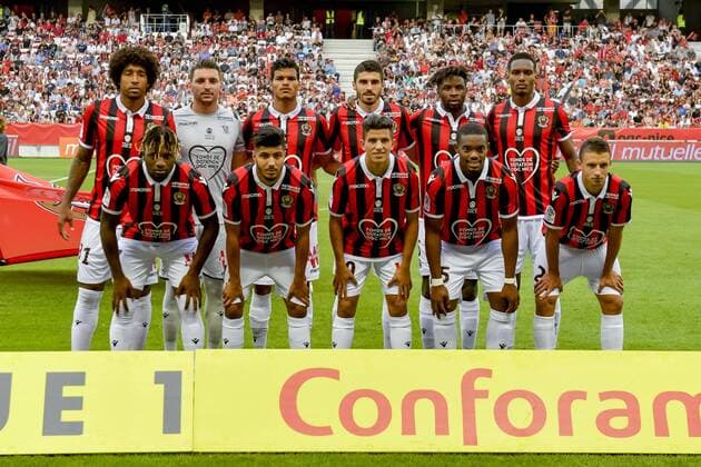 Equipe de l OGC Nice - Dante - Yoan Cardinale - Danilo Barbosa - Pierre Lees Melou - Adrien Tameze - Christophe Herelle - Alla Saint Maximin - Bassem Srarfi - Ypucef Atal - Wylan Cyprien - Olivier Boscagli FOOTBALL : OGC Nice vs Reims - Ligue 1 Conforama - Nice - 11 08 2018 NorbertScanella Panoramic 