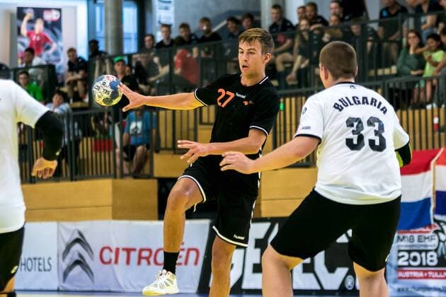 11 08 2018 Josef Welser Sports hall Tulln on the Danube AUT EHF M18 Championship 2018 Netherlands vs Bulgaria in picture Noah van Wieringen NED during the EHF M18 Championship 2018 Match between the Netherlands and Bulgaria at the Josef Welser sports hall Tulln on the Danube Austria on 2018 08 11 Tulln on the Danube  EX_PUC