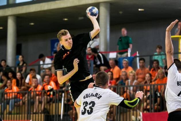 11 08 2018 Josef Welser Sports hall Tulln on the Danube AUT EHF M18 Championship 2018 Netherlands vs Bulgaria in the picture Dennis Vesters NED during the EHF M18 Championship 2018 Match between the Netherlands and Bulgaria at the Josef Welser sports hall Tulln on the Danube Austria on 2018 08 11 Tulln at the Donau  EX_PUC